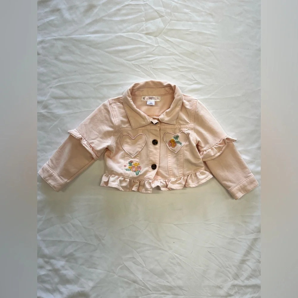 Nanette Baby Light Pink Jean‎ Jacket with Heart and Floral Embroidery